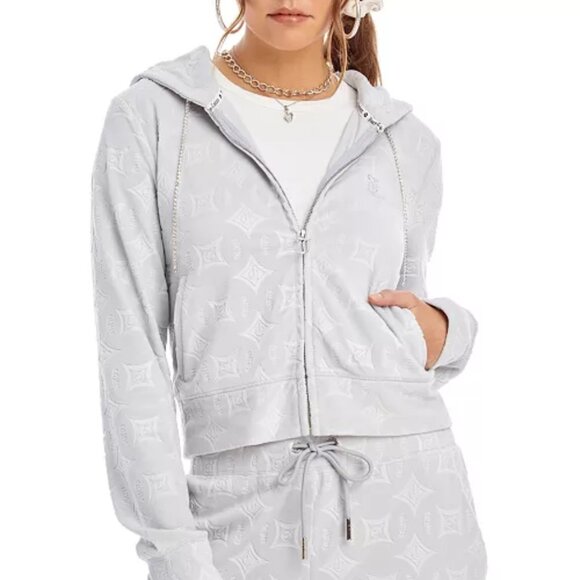 Juicy Couture Tops - Juicy Couture gray embossed velour zip-front hoodie w/rhinestone details